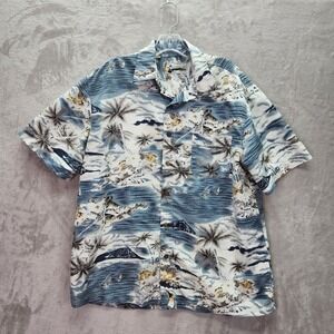 Milano Bay Button Down‎ Mens Large Hawaiian Shirt Blue Palm Trees Short Sleeve